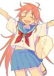 Rule 34 | 1girl, ahoge, antenna hair, blue skirt, blush, closed eyes, d.y.x., flip-flops, flip flappers, hands up, long hair, neckerchief, open mouth, orange hair, outstretched arms, papika (flip flappers), pleated skirt, red neckerchief, sandals, school uniform, serafuku, short sleeves, simple background, skirt, smile, solo, spread arms, toes, white background