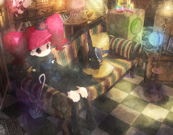 Rule 34 | 00s, 1girl, arm support, board game, boots, checkered floor, chess, couch, floor, globe, harepore, hat, long hair, marie &amp; gali, marika (marie &amp; gali), mini hat, mini top hat, perspective, pet (marie &amp; gali), pink eyes, pink hair, solo, speaker, telescope, top hat, twintails, typewriter