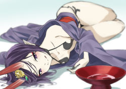 Rule 34 | 1girl, absurdres, bare shoulders, blush, bob cut, breasts, closed mouth, collarbone, eyeliner, fate/grand order, fate (series), headpiece, highres, horns, japanese clothes, kimono, licking lips, long sleeves, looking at viewer, lying, makeup, on side, oni, pointy ears, purple eyes, purple hair, purple kimono, revealing clothes, sash, short hair, shuten douji (fate), skin-covered horns, small breasts, smile, thighs, tochi keisuke, tongue, tongue out, wide sleeves