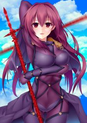 Rule 34 | 1girl, armor, bodysuit, breasts, covered navel, fate/grand order, fate (series), gae bolg (fate), highres, hinata kokage, large breasts, long hair, looking at viewer, pauldrons, polearm, purple bodysuit, purple hair, red eyes, scathach (fate), scathach (fate), shoulder armor, smile, solo, spear, weapon