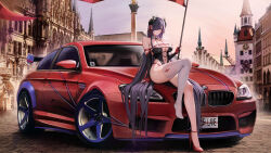 Rule 34 | 1girl, absurdres, alternate costume, arm warmers, august von parseval (azur lane), azur lane, bare shoulders, black leotard, bmw, bmw m6, breasts, car, cleavage, clothing cutout, collarbone, commentary, cross, curled horns, detached collar, eyes visible through hair, fingerless gloves, flag, gloves, hair between eyes, hair over one eye, hair ribbon, high heels, highres, holding, holding pole, horns, iron cross, kcar66t, large breasts, leotard, location request, long hair, looking at viewer, mechanical horns, motor vehicle, navel, navel cutout, neck ribbon, outdoors, parted lips, pole, pumps, purple eyes, purple hair, race queen, real world location, red gloves, red nails, red ribbon, ribbon, shadow, shoes, sidelocks, single thighhigh, sitting, skindentation, solo, stiletto heels, strapless, strapless leotard, swept bangs, thighhighs, very long hair, white thighhighs
