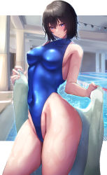 Rule 34 | 1girl, absurdres, bare shoulders, black hair, blue eyes, blue one-piece swimsuit, blush, breasts, collarbone, covered navel, highleg, highleg swimsuit, highres, looking at viewer, medium breasts, one-piece swimsuit, original, solo, swimsuit, thighs, tiri man