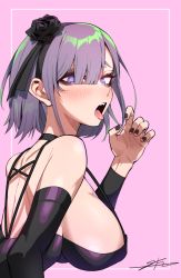 Rule 34 | 1girl, backless dress, backless outfit, bare shoulders, black nails, blue eyes, blush, breasts, dagashi kashi, detached sleeves, dress, fellatio gesture, flower, from side, hair flower, hair ornament, hairband, huge breasts, j.k., looking at viewer, nail polish, open mouth, pink background, purple hair, ringed eyes, shidare hotaru, short hair, simple background, solo, teeth, tongue, tongue out, upper body