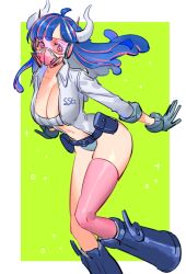 Rule 34 | 1girl, ahoge, blue hair, breasts, cleavage, covered mouth, curled horns, dinosaur girl, gas mask, gloves, goggles, grey gloves, horns, jacket, large breasts, long hair, mask, mouth mask, multicolored hair, navel, one piece, pink-tinted eyewear, pink eyes, pink hair, pink mask, pink thighhighs, raine (acke2445), single thighhigh, solo, streaked hair, thighhighs, tinted eyewear, ulti (one piece), white jacket