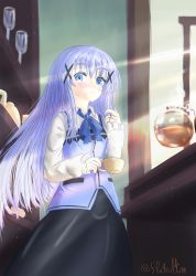 Rule 34 | 1girl, absurdres, barista, blue eyes, blue hair, child, closed mouth, coffee, coffee cup, cup, disposable cup, dress, flatculture, from below, gochuumon wa usagi desu ka?, highres, holding, kafuu chino, looking at viewer, standing