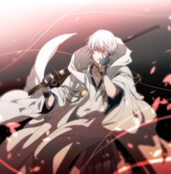 Rule 34 | 10s, 1672, 1boy, anime coloring, bad id, bad pixiv id, blurry, depth of field, gloves, glowing, glowing eye, highres, japanese clothes, male focus, partially fingerless gloves, silver hair, smile, solo, sword, touken ranbu, tsurumaru kuninaga, weapon, yellow eyes