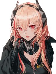 Rule 34 | black vest, blonde hair, breasts, commentary, fangs, fangs out, girls&#039; frontline, hand in own hair, happy, headgear, hood, hooded vest, hoodie, long hair, looking at viewer, m4 sopmod ii (girls&#039; frontline), mask, mask around neck, mechanical arms, mechanical hands, multicolored hair, red eyes, red hair, scarf, silence girl, simple background, single mechanical arm, single mechanical hand, smile, solo, tagme, tongue, tongue out, vest, white background, zipper