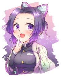 Rule 34 | 1girl, :d, black jacket, blush, breasts, butterfly hair ornament, commentary request, cropped torso, forehead, hair ornament, hand up, index finger raised, jacket, kimetsu no yaiba, kochou shinobu, long sleeves, looking at viewer, medium breasts, open clothes, open mouth, parted bangs, purple eyes, purple hair, smile, solo, teeth, upper body, upper teeth only, wide sleeves, yomogi (becr)