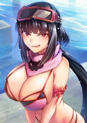 Rule 34 | 1girl, arm garter, bare shoulders, bikini, black hair, blush, breasts, cleavage, fate/grand order, fate (series), goggles, goggles on head, large breasts, long hair, looking at viewer, open mouth, osakabehime (fate), osakabehime (swimsuit archer) (fate), osakabehime (swimsuit archer) (second ascension) (fate), pink bikini, pink scarf, red eyes, scarf, ski goggles, smile, solo, swimsuit, tsuki tokage, twintails, very long hair