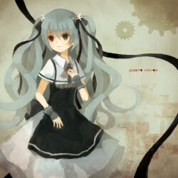 Rule 34 | 1girl, black eyes, black skirt, brown background, character request, closed mouth, commentary request, dress, english text, fingerless gloves, gears, gloves, grey gloves, grey hair, hair ribbon, long hair, mikanniro, no pupils, ribbon, romaji text, shirt, shoujo byou, skirt, solo, standing, suspender skirt, suspenders, twintails, very long hair, white shirt