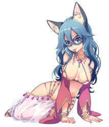 Rule 34 | 1girl, animal ear fluff, animal ears, bangle, bikini, bikini in mouth, blue eyes, blue hair, bracelet, breasts, brown footwear, cat ears, closed mouth, clothes in mouth, commentary request, dated commentary, detached sleeves, eye mask, full body, gem, goinkyo, gypsy (ragnarok online), hair between eyes, heart, jewelry, kawagoe pochi, large breasts, long hair, looking at viewer, mouth hold, necklace, ragnarok online, red sleeves, sandals, see-through, sequins, sitting, smile, solo, swimsuit, yellow bikini, yokozuwari