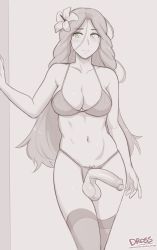 Rule 34 | 1futa, blush, breasts, cleavage, crotchless, crotchless panties, dross, erection, fire emblem, fire emblem: three houses, flower, flower on head, foreskin, futanari, green eyes, hair ornament, highres, large breasts, large testicles, long hair, monochrome, newhalf, nintendo, panties, penis, rhea (fire emblem), solo, testicles, thighhighs, underwear
