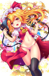 Rule 34 | 1girl, ascot, bare arms, black thighhighs, blonde hair, blush, fang, flandre scarlet, flower, hat, hat ribbon, laevatein, long hair, mob cap, navel, open mouth, panties, pink panties, puffy short sleeves, puffy sleeves, red eyes, red ribbon, red skirt, ribbon, rimu (kingyo origin), short sleeves, skirt, smile, solo, sparkle, thigh gap, thighhighs, thighs, touhou, underwear, unworn skirt, vest, white hat, yellow ascot