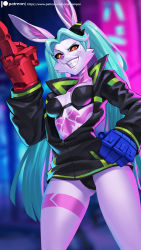 Rule 34 | 1girl, alanscampos, animalization, aqua hair, artificial eye, black bra, black jacket, black panties, bra, breasts, cleavage, colored sclera, colored skin, cyberpunk (series), cyberpunk edgerunners, cyborg, fewer digits, highres, jacket, leg tattoo, long hair, looking at viewer, mechanical eye, mechanical hands, middle finger, neck tattoo, oversized limbs, panties, partially unzipped, purple skin, rabbit ears, raised eyebrow, rebecca (cyberpunk), red pupils, red sclera, samurai jacket (cyberpunk), small breasts, snout, solo, stomach tattoo, tattoo, teeth, twintails, underwear, upper teeth only, yellow eyes