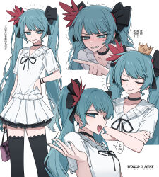 Rule 34 | 1girl, absurdres, bad id, bad twitter id, black choker, black thighhighs, blue eyes, blue hair, blush, channel ( caststation), choker, crown, ear piercing, hatsune miku, highres, long hair, multiple views, piercing, pointing, sweat, thighhighs, twintails, very long hair, vocaloid, world is mine (vocaloid)