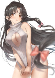 Rule 34 | 1girl, ahoge, black hair, blush, breasts, brown eyes, cleavage, cowboy shot, kantai collection, large breasts, long hair, low-tied long hair, meme attire, open mouth, ribbed sweater, shouhou (kancolle), simple background, smile, solo, sweater, toka (marchlizard), very long hair, virgin killer sweater, white background, white sweater