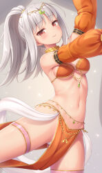 Rule 34 | 1girl, arm up, arms up, bare shoulders, bikini, bikini top only, blush, bra, breasts, brown hair, closed mouth, collar, cowboy shot, dancer, dancing, detached sleeves, diadem, highres, long sleeves, medium breasts, navel, orange bikini, orange bra, orange sleeves, original, panties, pelvic curtain, ponytail, puffy long sleeves, puffy sleeves, red eyes, sasaame, smile, solo, standing, standing on one leg, stomach, swimsuit, thighlet, thighs, underboob, underwear, white hair, white panties