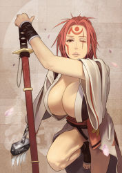 Rule 34 | 1girl, amputee, arc system works, baiken, barefoot, breasts, brown eyes, bugfix, center opening, chain, claws, cleavage, facepaint, facial mark, forehead mark, fujita engine, guilty gear, holding, huge breasts, japanese clothes, katana, kimono, leg warmers, long hair, looking at viewer, obi, one-eyed, one arm, one eye closed, open clothes, open kimono, petals, pink hair, red eyes, sandals, sash, scar, scar across eye, scar on face, solo, sword, tattoo, toeless legwear, weapon, wink