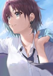 Rule 34 | 1girl, asakura toru, bad id, bad pixiv id, black necktie, blue eyes, blue hair, blue sky, breasts, brown hair, cloud, collared shirt, commentary request, day, dress shirt, earrings, hair between eyes, hand up, highres, idolmaster, idolmaster shiny colors, jacket, jacket over shoulder, unworn jacket, jewelry, looking away, looking to the side, multicolored hair, necktie, outdoors, parted lips, revision, shirt, short hair, sky, small breasts, solo, streaked hair, suketoudara (artist), upper body, white shirt