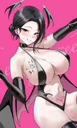 1girl black_hair black_wings breast_tattoo breasts demon_girl demon_wings head_wings highres k_pring large_breasts looking_at_viewer mole mole_on_breast original pink_background pubic_tattoo smile solo tattoo wings