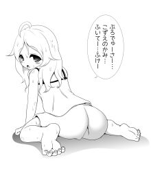 Rule 34 | ..., 1girl, ass, bare arms, bare shoulders, child, from behind, full body, highres, hosizora mikoto, idolmaster, idolmaster cinderella girls, japanese text, long hair, looking back, monochrome, shirt, shorts, solo, speech bubble, sweat, translation request, yusa kozue