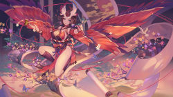 Rule 34 | 1girl, bird, blue eyes, breasts, brown hair, bug, butterfly, cleavage, closed mouth, criin (659503), flower, hair ornament, highres, insect, japanese clothes, kachou fuugetsu (onmyoji), large breasts, looking at viewer, onmyoji, scroll, solo, thighs, wings
