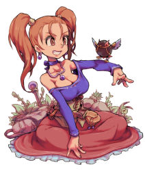 Rule 34 | 1girl, bare shoulders, bird, breasts, brown eyes, brown hair, cleavage, corset, dragon quest, dragon quest viii, dress, earrings, highres, jessica albert, jewelry, large breasts, long hair, purple shirt, red hair, shirt, strapless, strapless dress, toyaken21, twintails