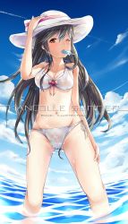 Rule 34 | 10s, 1girl, arm at side, arm up, bikini, black hair, blue sky, bow, breasts, brown eyes, cleavage, cloud, collarbone, contrail, copyright name, day, eyebrows, hair between eyes, haruna (kancolle), hat, highres, holding, holding clothes, holding hat, horizon, kantai collection, long hair, medium breasts, navel, ocean, one eye closed, outdoors, pink bow, ribbon, rizuki suwoto, see-through, side-tie bikini bottom, sky, solo, sparkle, standing, stomach, summer, swimsuit, very long hair, wading, water, wet, wet clothes, wet hair, wet swimsuit, white bikini, white hat, white ribbon