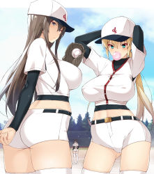 Rule 34 | 3girls, aqua eyes, arm behind back, arms up, ass, baseball cap, baseball glove, baseball uniform, belt, belt buckle, black hair, blonde hair, blue sky, breasts, brown hair, blowing bubbles, buckle, chain-link fence, chewing gum, cloud, covered erect nipples, day, fence, field, frown, gluteal fold, grey eyes, halterneck, hat, highres, impossible clothes, large breasts, layered shirt, light, long hair, looking to the side, multiple girls, nakamura yukitoshi, navel, original, outdoors, pine tree, ponytail, shirt, short shorts, shorts, sideboob, sky, sportswear, standing, thighhighs, thighs, tree, white footwear, white legwear, white shirt, white shorts