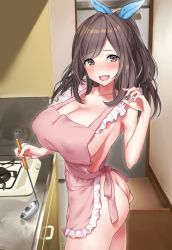 Rule 34 | 1girl, :d, apron, arm up, ass, bare shoulders, blush, breasts, brown eyes, brown hair, cleavage, collarbone, commentary request, counter, covered erect nipples, cowboy shot, frills, from side, highres, holding, holding spoon, idolmaster, idolmaster shiny colors, kitchen, large breasts, long hair, looking at viewer, naked apron, nanae, nude, open mouth, pink apron, ponytail, smile, solo, spoon, stove, tsukioka kogane, wooden floor