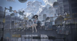 Rule 34 | 1girl, absurdres, barefoot, bird, black hair, black jacket, black sailor collar, blue sky, breasts, building, chain-link fence, city, cityscape, cloud, cloudy sky, covered mouth, day, fence, floating, floating hair, floating object, highres, jacket, long hair, looking to the side, necktie, off shoulder, original, outdoors, overgrown, paper, purple eyes, red necktie, rotarran, sailor collar, scenery, shirt, short sleeves, sign, sitting, sky, small breasts, solo, warning sign, white bird, white shirt, wide shot, wind