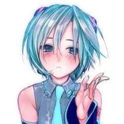 Rule 34 | 1girl, alternate hair length, alternate hairstyle, aqua eyes, aqua hair, aqua nails, aqua necktie, bad id, bad twitter id, bare shoulders, black sleeves, blush, commentary, detached sleeves, expressionless, grey shirt, hair ornament, hand up, hatsune miku, headphones, headset, highres, korpokkur kne, looking to the side, nail polish, necktie, parted lips, shirt, short hair, shoulder tattoo, sleeveless, sleeveless shirt, solo, tattoo, upper body, vocaloid, white background
