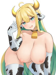 Rule 34 | 1girl, animal ears, animal print, arm support, black collar, blonde hair, breasts, collar, cow ears, cow girl, cow horns, cow print, cowbell, elbow gloves, elven forest maker, flower-shaped pupils, gloves, green eyes, green hair, hand up, hanging breasts, highres, horns, huge breasts, kneeling, last origin, long hair, looking at viewer, multicolored hair, narodenden, nipples, no bra, open mouth, patterned legwear, simple background, solo, symbol-shaped pupils, thighhighs, topless, very long hair, white background