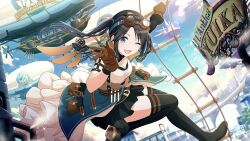 Rule 34 | 1girl, aircraft, aqua skirt, arm strap, belt, belt pouch, black footwear, black hair, black skirt, blue eyes, blush, boots, breasts, brown gloves, character name, cleavage, cloud, commentary, day, dirigible, floating hair, frilled skirt, frills, game cg, gloves, goggles, goggles on head, holster, idolmaster, idolmaster shiny colors, industrial pipe, ladder, leg up, lens flare, long hair, looking at viewer, mechanical wings, mitsumine yuika, no eyewear, official art, one eye closed, open mouth, outdoors, overskirt, parted bangs, pleated skirt, pouch, shirt, single wing, skirt, sleeveless, sleeveless shirt, small breasts, smile, solo, sparkle, steam, steampunk, thigh boots, twintails, w, wings