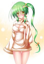 Rule 34 | 1girl, alternate hairstyle, blush, breasts, cleavage cutout, clothing cutout, expressive clothes, frog hair ornament, green hair, hair ornament, hair tubes, highres, kochiya sanae, large breasts, looking at viewer, meme attire, open-chest sweater, osashin (osada), ribbed sweater, side ponytail, sleeves past wrists, smile, snake hair ornament, solo, sweater, touhou, yellow eyes