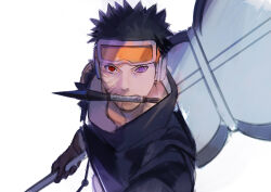Rule 34 | 1boy, absurdres, alternate costume, alternate universe, black hair, dreamsinyoursin, forehead protector, from above, goggles, heterochromia, highres, kunai, long sleeves, looking at viewer, male focus, naruto (series), naruto shippuuden, red eyes, rinnegan, sharingan, short hair, solo, spiked hair, uchiha obito, upper body, weapon, weapon in mouth, wrinkled skin