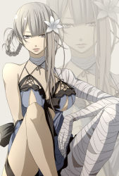 Rule 34 | 1girl, asymmetrical hair, bad id, bad pixiv id, bandaged arm, bandaged leg, bandages, bare shoulders, blunt bangs, bow, braid, braided hair rings, breasts, cleavage, criss-cross halter, cross-laced clothes, elbow gloves, flower, frills, gloves, grey background, grey eyes, hair flower, hair ornament, hair rings, halterneck, kaine (nier), knees up, large breasts, legs, lingerie, looking at viewer, negligee, nier, nier (series), nippleless clothes, no nipples, parted bangs, ribbon, short hair, sidelocks, silver hair, simple background, sitting, solo, thigh strap, thighs, underwear, yashano akira, zoom layer