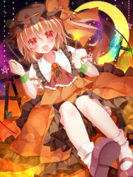 Rule 34 | 1girl, adapted costume, ascot, blonde hair, blush, brooch, crescent moon, cross, crystal, fang, flandre scarlet, halloween, hat, highres, jewelry, mogu (au1127), moon, pumpkin, red eyes, ribbon, short hair, side ponytail, sitting, skirt, skull, smile, solo, star (symbol), touhou, vest, wand, wings
