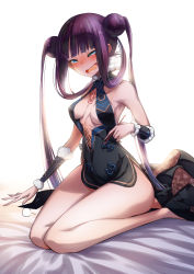 Rule 34 | 1girl, arm warmers, backlighting, bare hips, bare shoulders, bed sheet, black dress, black footwear, blue eyes, blunt bangs, blush, breasts, center opening, cluseller, collarbone, double bun, dress, ear blush, fate/grand order, fate (series), female focus, floral print, full body, fur collar, fur trim, hair bun, hair rings, half-closed eyes, hand up, happy, high heels, highres, holding, kneeling, lap pillow invitation, long hair, looking at viewer, medium breasts, nose blush, open mouth, purple hair, revealing clothes, ribs, seiza, shoes, short dress, side slit, sitting, sleeveless, sleeveless dress, smile, solo, teeth, twintails, wide hips, yang guifei (fate), yang guifei (first ascension) (fate)