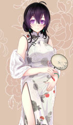 Rule 34 | 1girl, ahoge, alternate hairstyle, bad id, bad pixiv id, bare shoulders, beifeng han, breasts, brown background, china dress, chinese clothes, closed mouth, cowboy shot, dress, earrings, floral print, glowing, glowing eyes, hair between eyes, hair bun, hand fan, highres, holding, jewelry, jpeg artifacts, large breasts, looking at viewer, md5 mismatch, miyaura sanshio, original, paper fan, shawl, side slit, simple background, single hair bun, sleeveless, sleeveless dress, smile, solo, standing, tassel, thighs, uchiwa, white dress