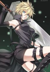 Rule 34 | 1girl, arm up, armpits, black footwear, black gloves, blonde hair, boots, breasts, buster sword, cloud strife, commentary request, elbow gloves, eyelashes, feet out of frame, final fantasy, final fantasy vii, genderswap, genderswap (mtf), gloves, hair between eyes, high collar, highres, holding, holding sword, holding weapon, knee boots, looking at viewer, medium breasts, ribbed shirt, shirt, short shorts, shorts, sidelocks, sleeveless, solo, sword, thigh strap, thighs, twitter username, weapon