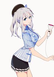 Rule 34 | 1girl, barcode scanner, beret, black hat, black skirt, blue eyes, employee uniform, hat, kantai collection, kashima (kancolle), lawson, looking at viewer, miniskirt, pleated skirt, shirt, sidelocks, silver hair, simple background, skirt, smile, sohin, solo, striped clothes, striped shirt, twintails, uniform, vertical-striped clothes, vertical-striped shirt, wavy hair, white background