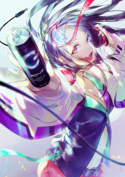 Rule 34 | 1girl, bare shoulders, black legwear, breasts, can, character request, dive to zone, emoillu, fang, grey hair, hair between eyes, hair ornament, headphones, highres, holding, holding can, jacket, long hair, long sleeves, looking at viewer, midriff, navel, power symbol, red eyes, shirt, shorts, smile, solo, twintails
