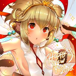 Rule 34 | 10s, 1girl, 2016, alcoholrang, andira (granblue fantasy), animal ears, blonde hair, breasts, granblue fantasy, halftone, halftone background, happy new year, monkey ears, monkey tail, new year, open mouth, red eyes, sideboob, small breasts, solo, sparkle, staff, tail, teeth, upper body, upper teeth only
