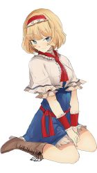 Rule 34 | 1girl, alice margatroid, blonde hair, blue dress, blue eyes, boots, breasts, brown footwear, capelet, closed mouth, commentary, cross-laced footwear, dress, frilled capelet, frilled hairband, frilled neckwear, frilled sleeves, frills, frown, full body, hairband, head tilt, highres, lace-up boots, looking at viewer, medium breasts, necktie, necro (nekurodayo), red hairband, red necktie, red scarf, scarf, short dress, short hair, short sleeves, simple background, sitting, solo, touhou, v arms, wariza, white background, white capelet