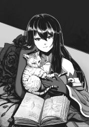 Rule 34 | 1girl, book, breasts, cat, cleavage, cleavage cutout, clothing cutout, commentary, detached sleeves, elbow gloves, english commentary, fallenspherell, flower, gloves, greyscale, head rest, highres, indie virtual youtuber, large breasts, long hair, monochrome, nanasu anone, rose, smile, solo, upper body, virtual youtuber