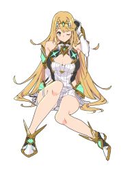 Rule 34 | 1girl, 4410 (kanimiso), absurdres, bare shoulders, blonde hair, breasts, cleavage cutout, clothing cutout, elbow gloves, gloves, highres, large breasts, long hair, mythra (xenoblade), nintendo, one eye closed, sitting, solo, thigh strap, white background, xenoblade chronicles (series), xenoblade chronicles 2, yellow eyes