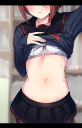 Rule 34 | 1girl, black shirt, black skirt, blush, bow, bow bra, bra, breasts, clothes lift, highres, maza kisuke, midriff, navel, parted lips, princess connect!, school uniform, shiori (princess connect!), shirt, short hair, skirt, sleeves past wrists, small breasts, teeth, underwear, white bra
