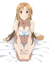 Rule 34 | 1girl, asuna (sao), bed sheet, blue bra, blue panties, bra, braid, breasts, brown eyes, brown hair, cleavage, collarbone, commentary, french braid, half up braid, hands on own thighs, large breasts, long hair, looking at viewer, panties, puge, seiza, short ponytail, sitting, smile, solo, sword art online, underwear, underwear only, very long hair, white background