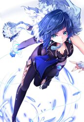 Rule 34 | 1girl, aqua eyes, asymmetrical gloves, bare shoulders, black bodysuit, black footwear, black gloves, blue gemstone, blue hair, blunt ends, bodysuit, boots, breasts, closed mouth, commentary request, diagonal bangs, earrings, fur-trimmed jacket, fur trim, gem, genshin impact, gloves, hand up, hero (10cl3), high heels, highres, jacket, jewelry, large breasts, leg up, long sleeves, looking to the side, magic, mole, mole on breast, open clothes, open jacket, short hair, simple background, smile, solo, standing, standing on one leg, tassel, triangle earrings, v-shaped eyebrows, vision (genshin impact), white background, white gloves, white jacket, yelan (genshin impact)